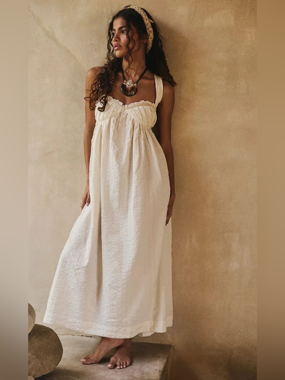 Free People Cream Maxi Sundress with Gathered Bust NWOT